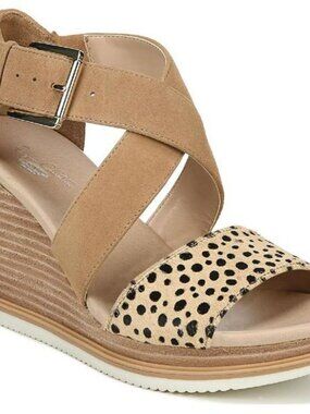 Dr Scholls Sweet Escape Tan Leather Animal Print Wedge Sandals - Size 7 M